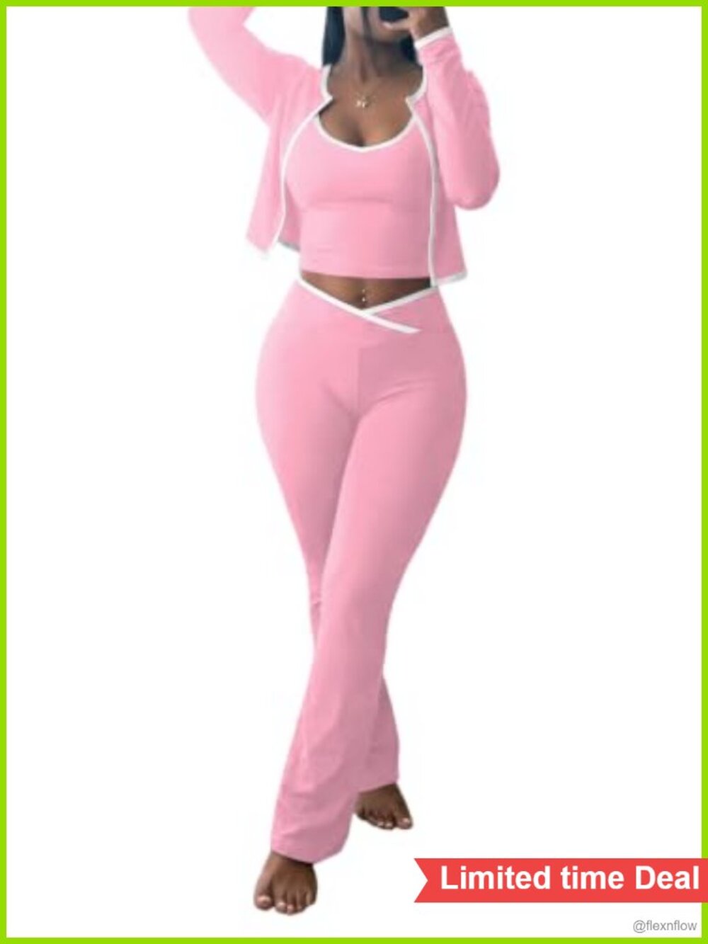 Women 3 Piece Workout Set Cropped Jacket Tank Top Flare Pants Soft Stretch
